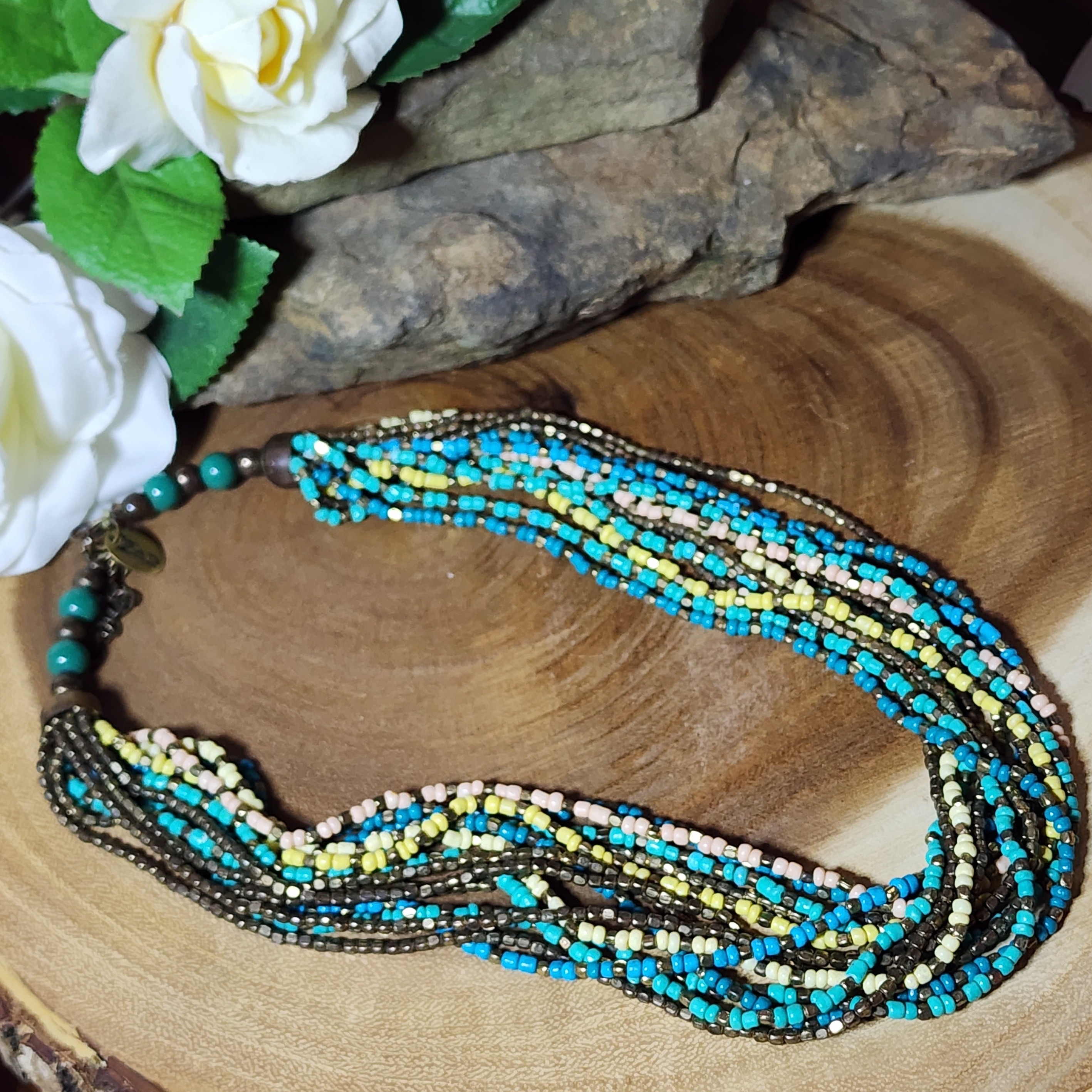 Zad Vintage Statement Necklace With Multi-Color Beads And Bronze Toned Accents
